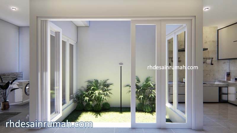 gambar visualisasi interior taman belakang dengan pintu kaca lipat